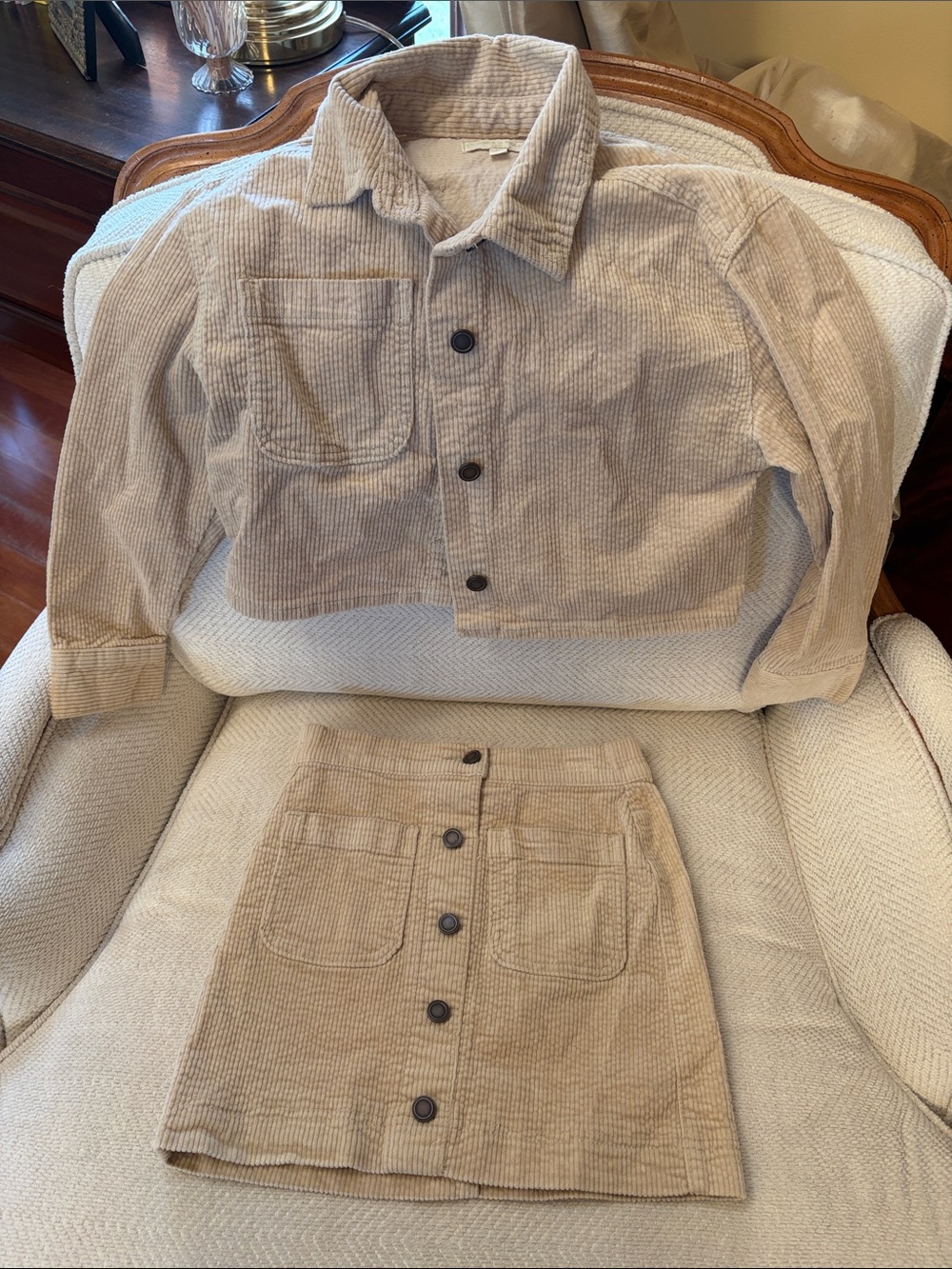 Chelsea & Violet Beige Corduroy Crop Jacket & Button Skirt Set